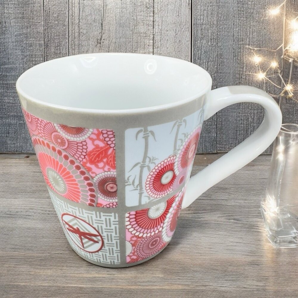 Debra Valencia Coffee Mug Cup Blue Harbor Pink And Gray Floral Dragonfly 16oz